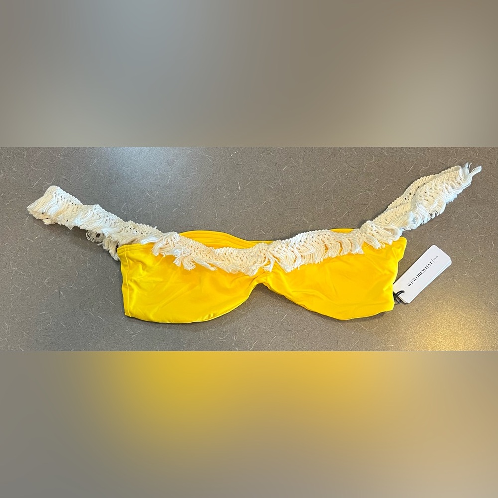 WeWoreWhat Women’s Tassel Bikini Top Yellow Crochet Straps Medium NWT